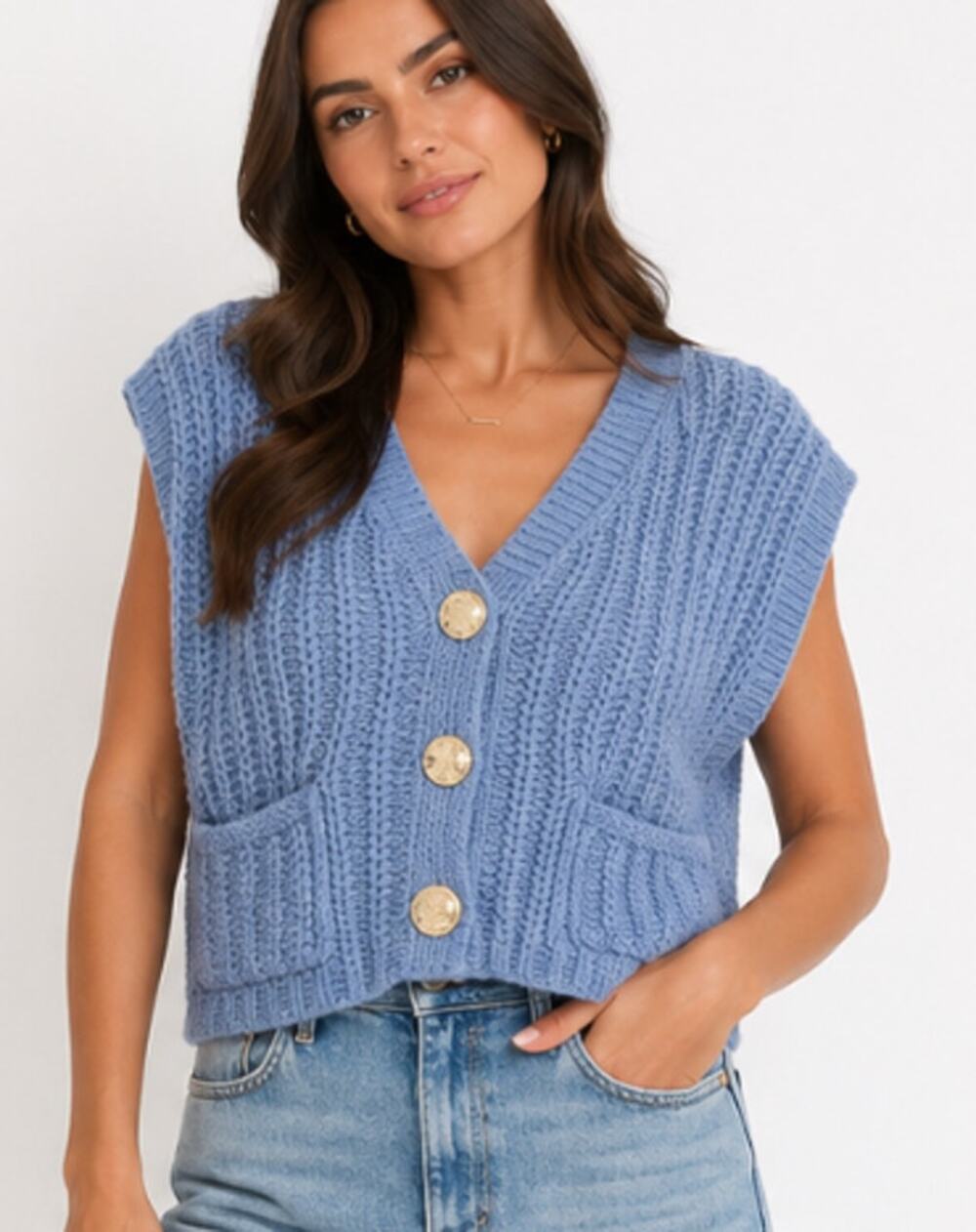 New VICI Blue Chunky Knit Button Sweater Vest Gold Buttons Size Extra Small